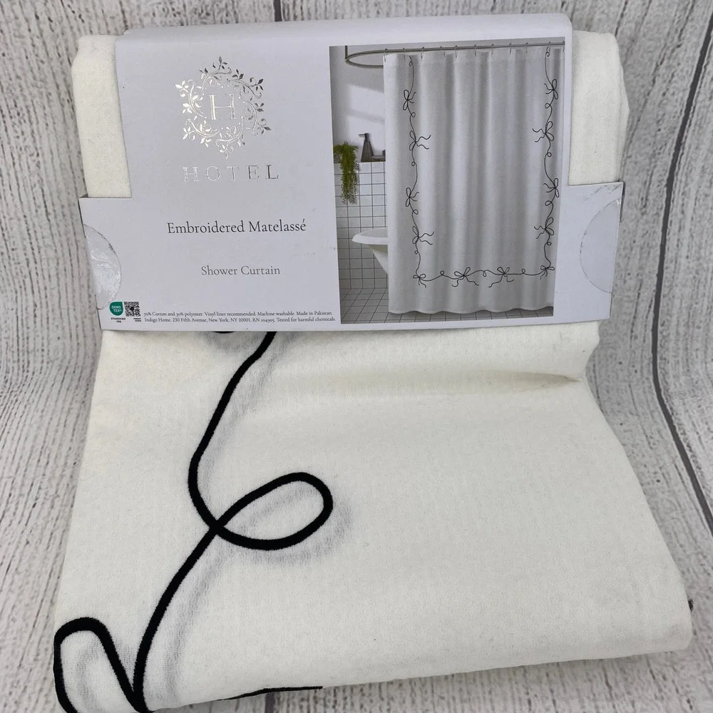 Hotel Shower Curtain White Black Embroidered Matelasse Bow Border Crisp Coquette